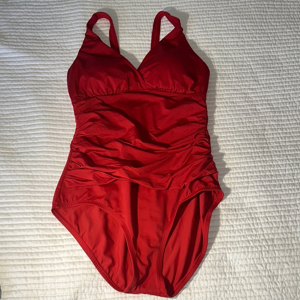 Jantzen Red One Piece Swimsuit with Ruching and V-Neck